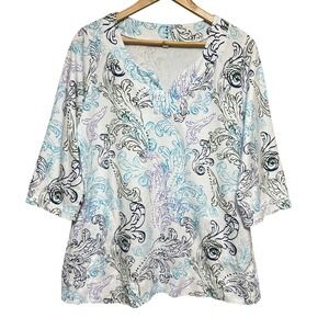Fresh Produce Paisley Print 3/4 Sleeve V‎ Neck Cotton Tunic Top Womens XS/S